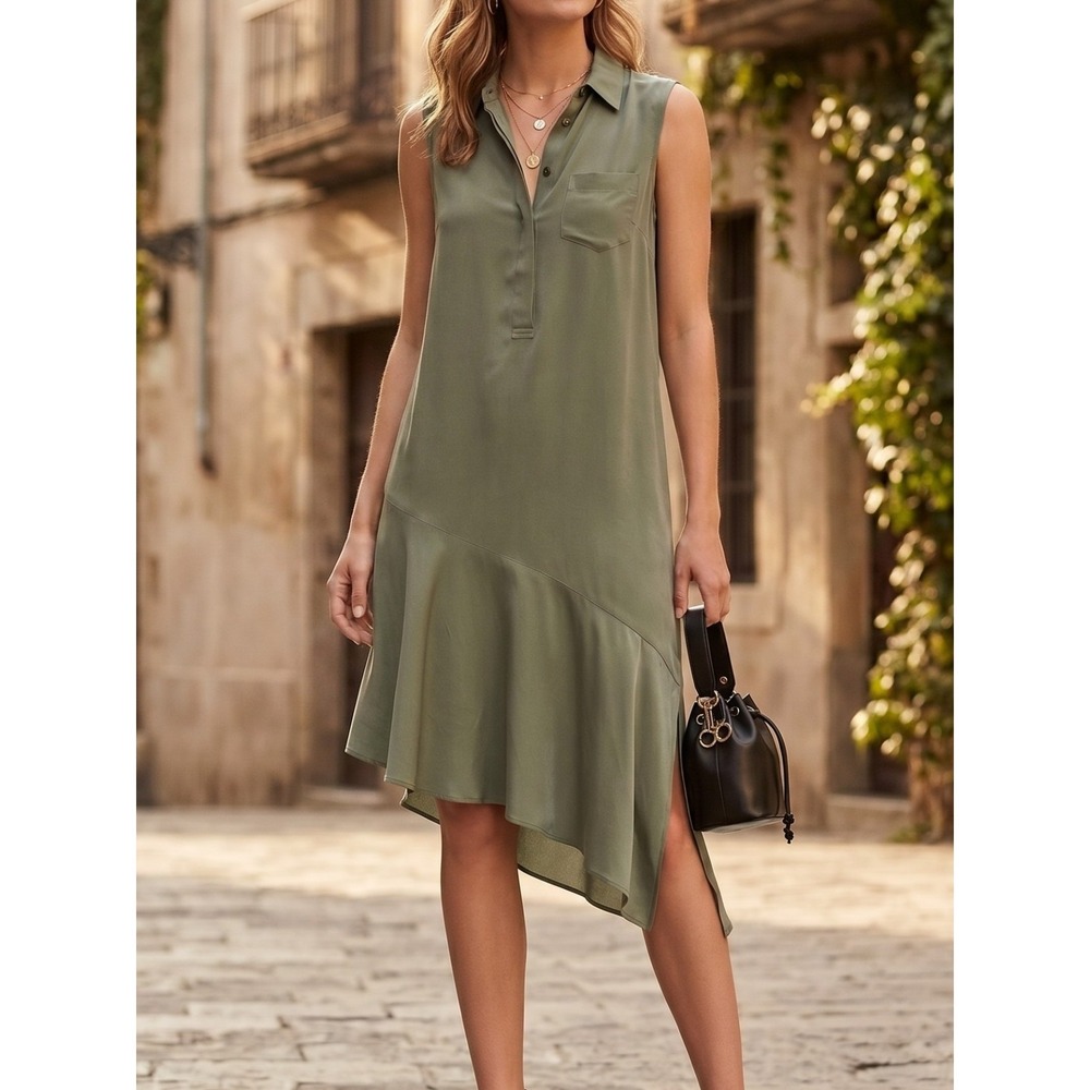 Equipment Tira Asymmetric Silk Shirt Dress Camouflage Olive NWT XS S $328